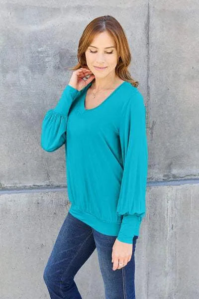 Basic Bae Full Size V-Neck Lantern Sleeve Blouse Blouses - Tophatter Daily Deals