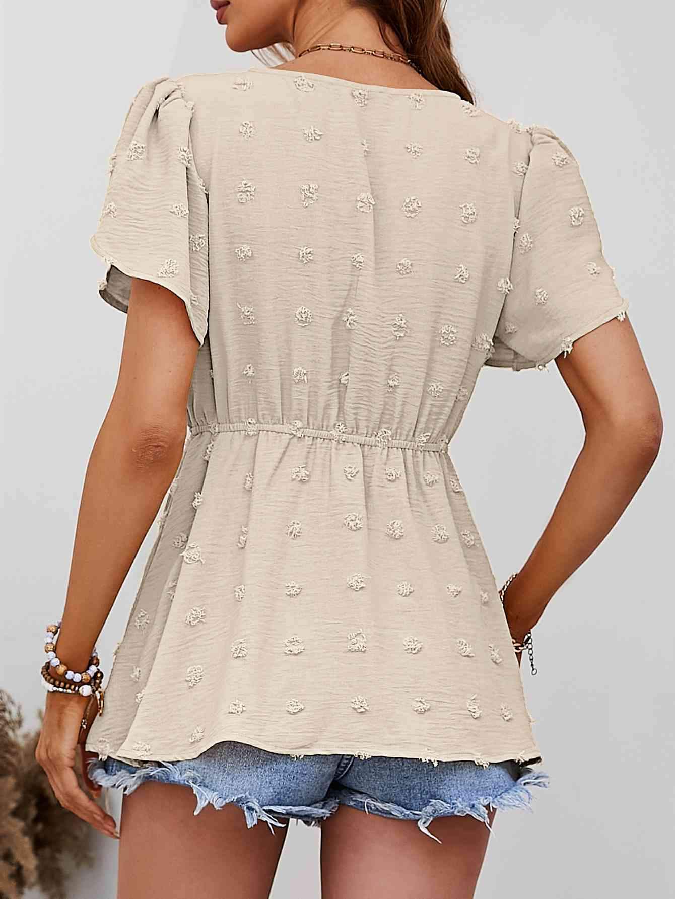 Swiss Dot Buttoned Petal Sleeve Peplum Blouse Blouses - Tophatter Daily Deals