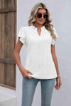 Eyelet Notched Neck Flutter Sleeve Top White Women's T-Shirts - Tophatter Daily Deals