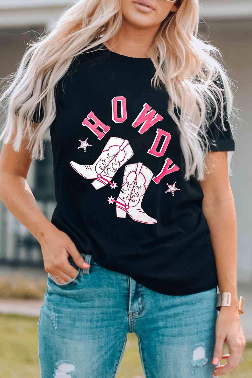 HOWDY Cowboy Boots Graphic Tee Black - Tophatter Daily Deals