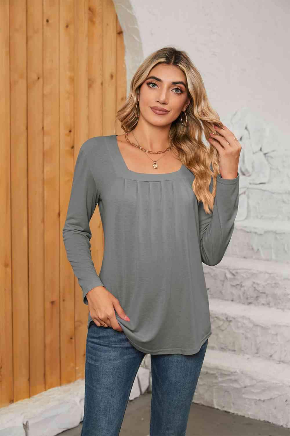 Square Neck Long Sleeve T-Shirt Charcoal Women's T-Shirts - Tophatter Daily Deals