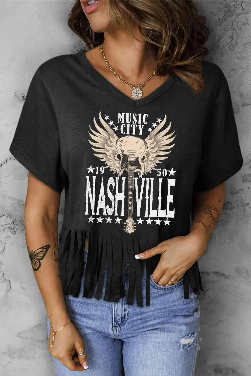 MUSIC CITY 1950 NASHVILLE Graphic Fringe Hem Tee Black Women's T-Shirts - Tophatter Daily Deals