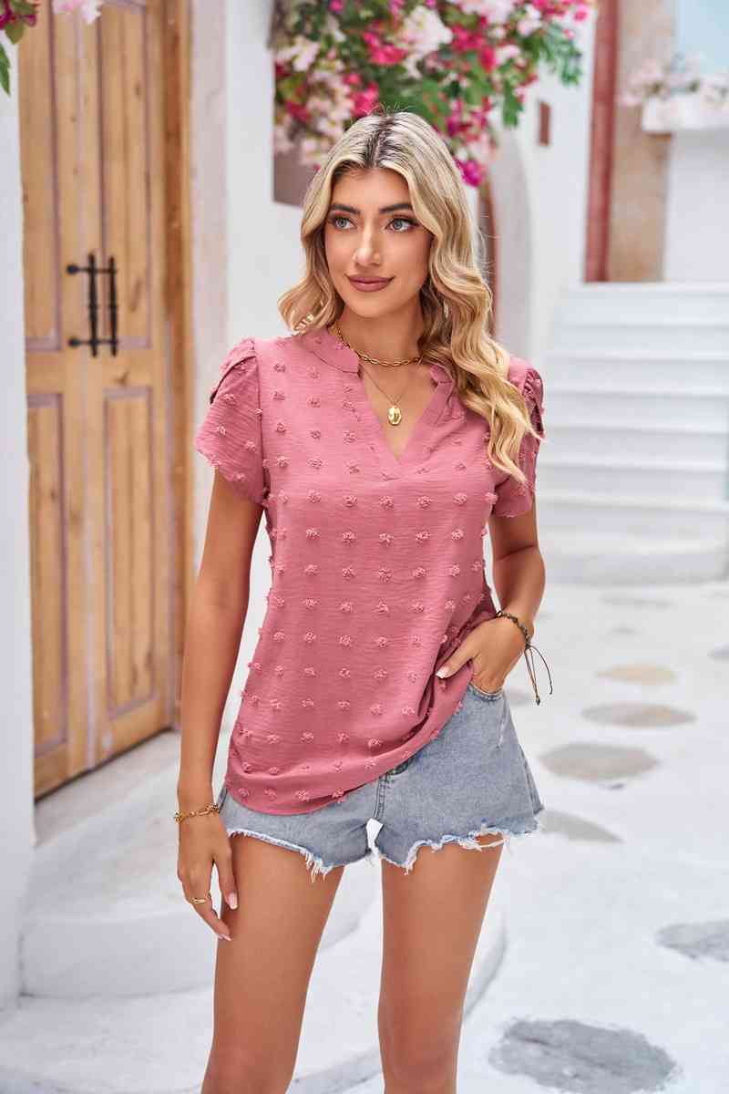 Swiss Dot Petal Sleeve Notched Top Women's T-Shirts - Tophatter Daily Deals