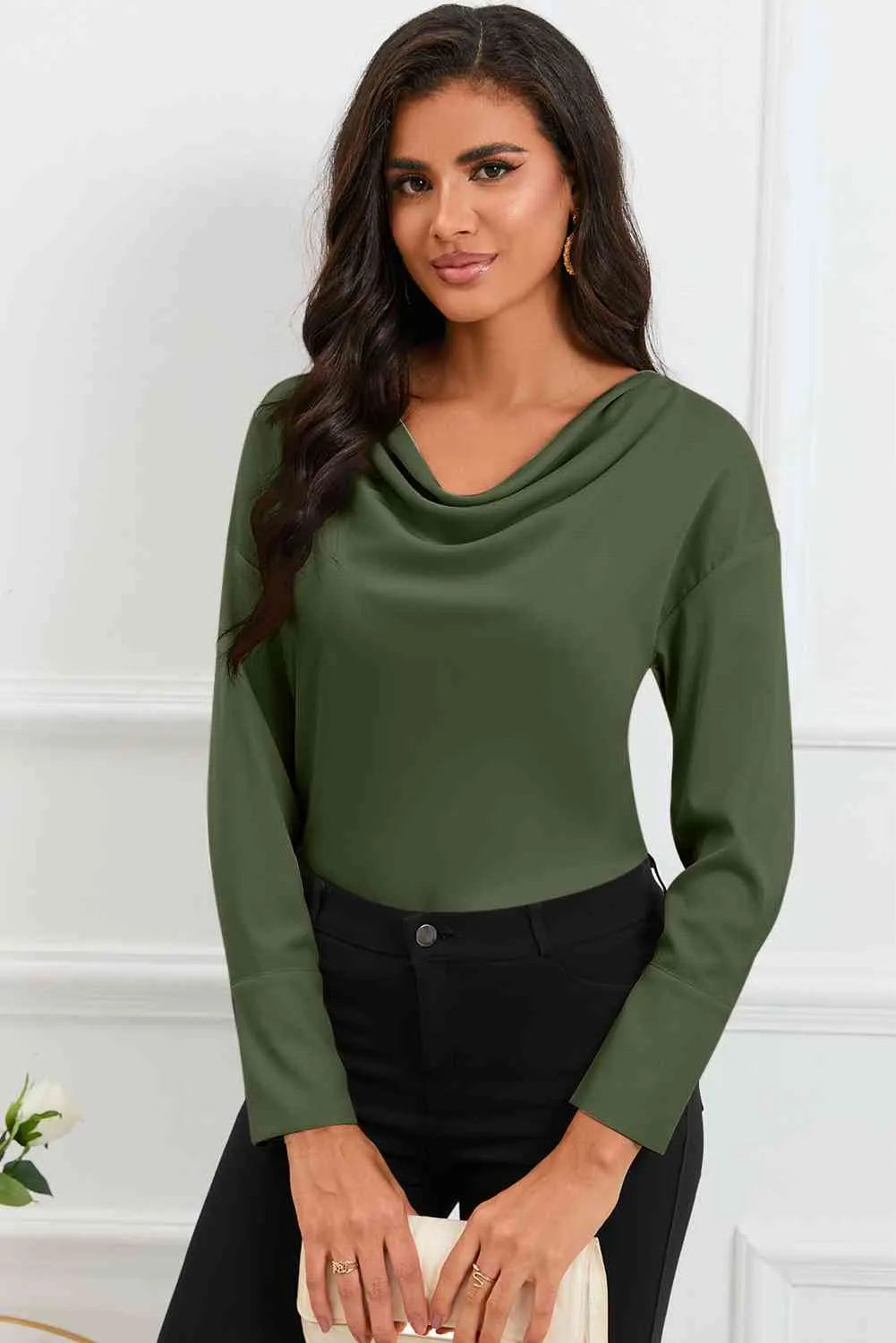 Cowl Neck Dropped Shoulder Long Sleeve Back Tie Blouse Army Green Blouses - Tophatter Daily Deals