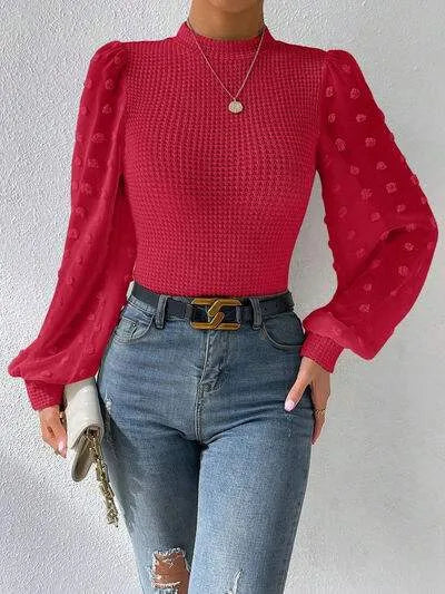Swiss Dot Waffle-Knit Lantern Sleeve T-Shirt Scarlet Women's T-Shirts - Tophatter Daily Deals