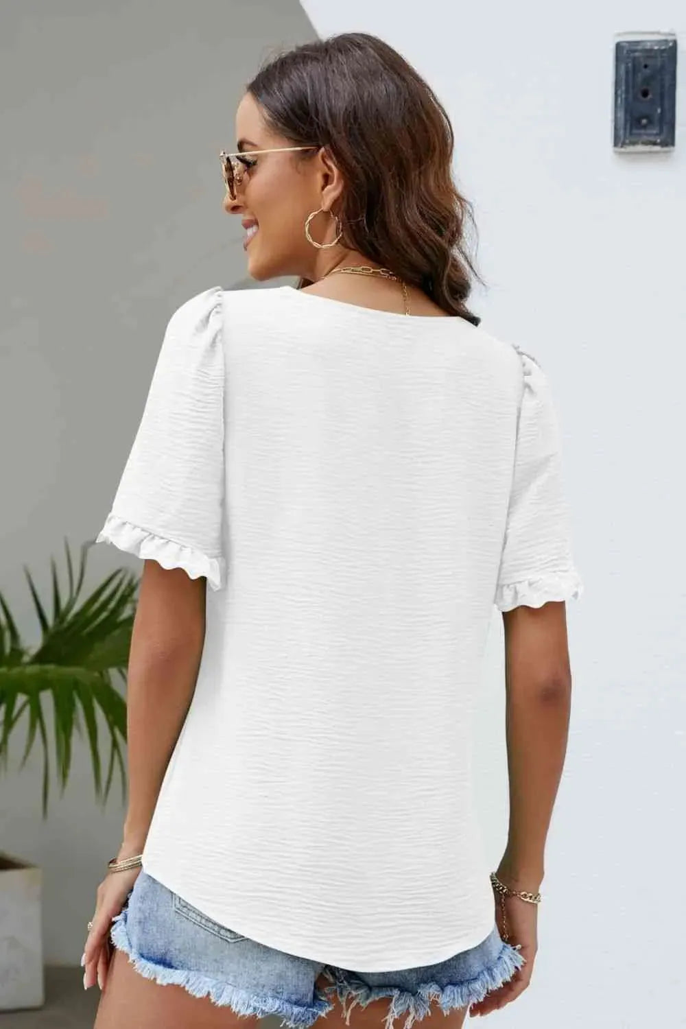 Frill Trim Puff Sleeve Square Neck Blouse Blouses - Tophatter Daily Deals