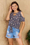 Heimish On My Own Full Size Cold Shoulder Keyhole Floral Print Top Women's T-Shirts - Tophatter Daily Deals