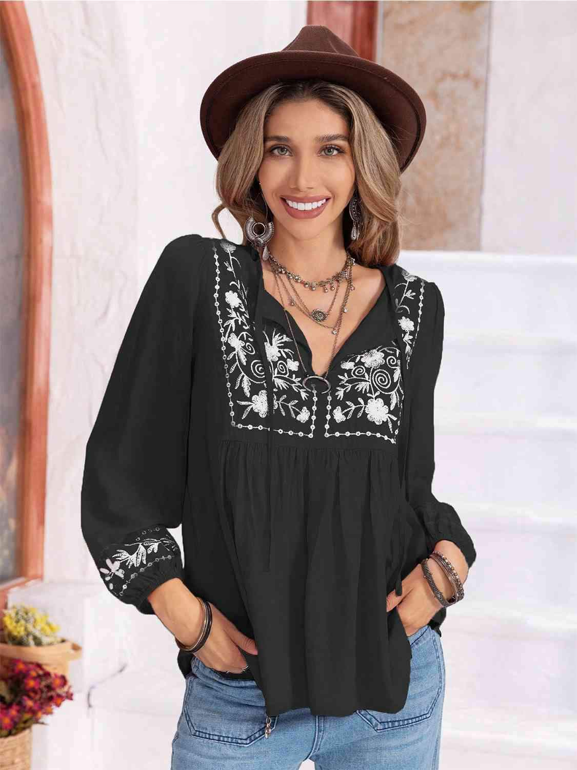 Floral Tie Neck Balloon Sleeve Blouse Black Blouses - Tophatter Daily Deals