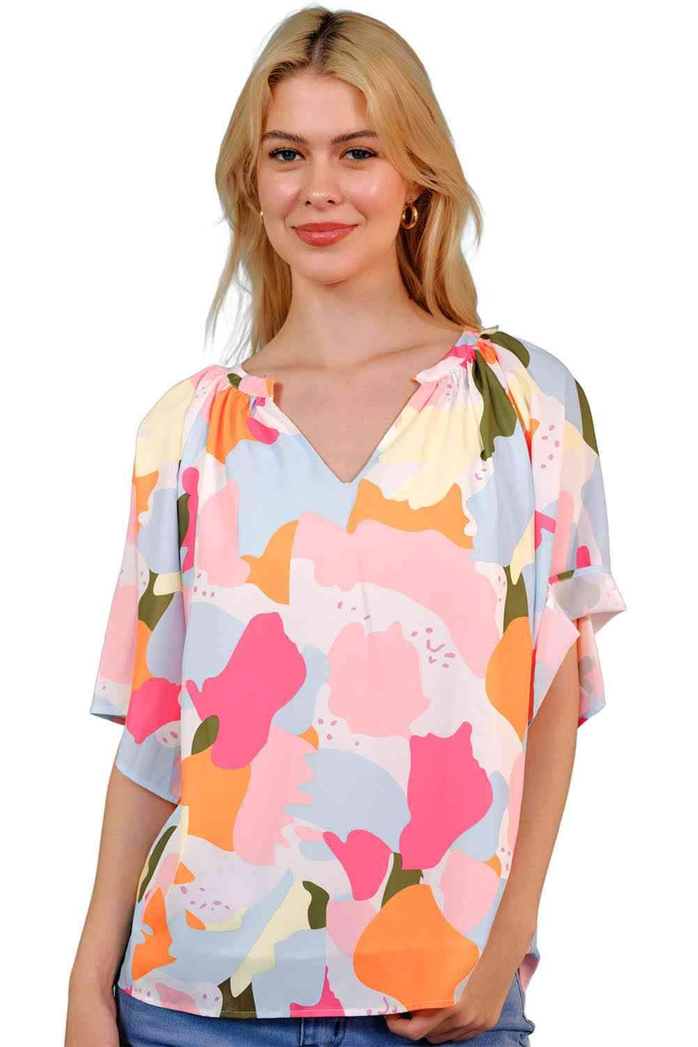 Printed Notched Neck Half Sleeve Blouse Blouses - Tophatter Daily Deals