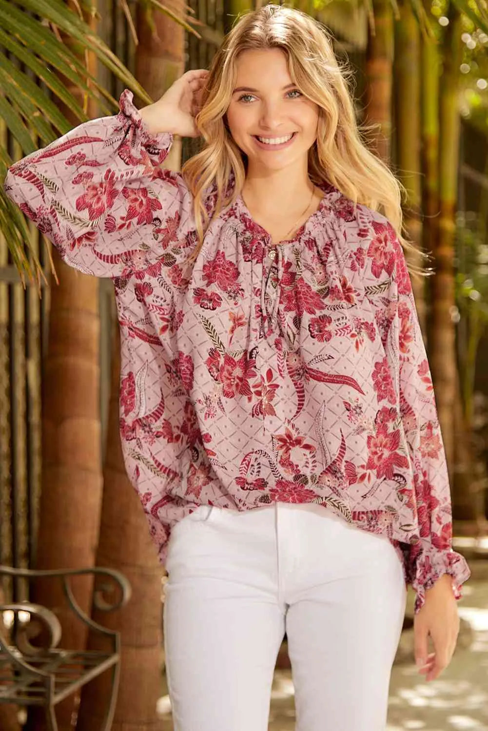 Floral Tie Neck Flounce Sleeve Blouse Blouses - Tophatter Daily Deals