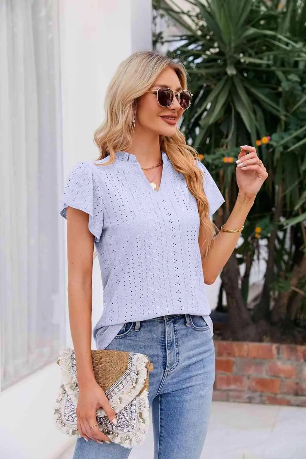 Notched Neck Puff Sleeve Blouse Blouses - Tophatter Daily Deals