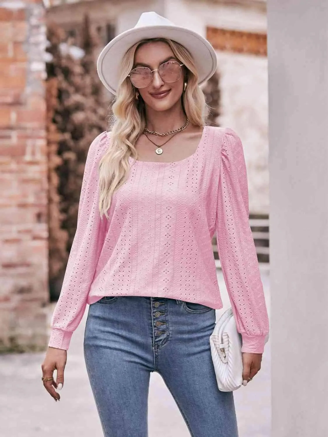Double Take Eyelet Square Neck Puff Sleeve Blouse Blush Pink Blouses - Tophatter Daily Deals