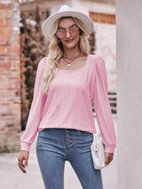 Double Take Eyelet Square Neck Puff Sleeve Blouse Blush Pink Blouses - Tophatter Daily Deals
