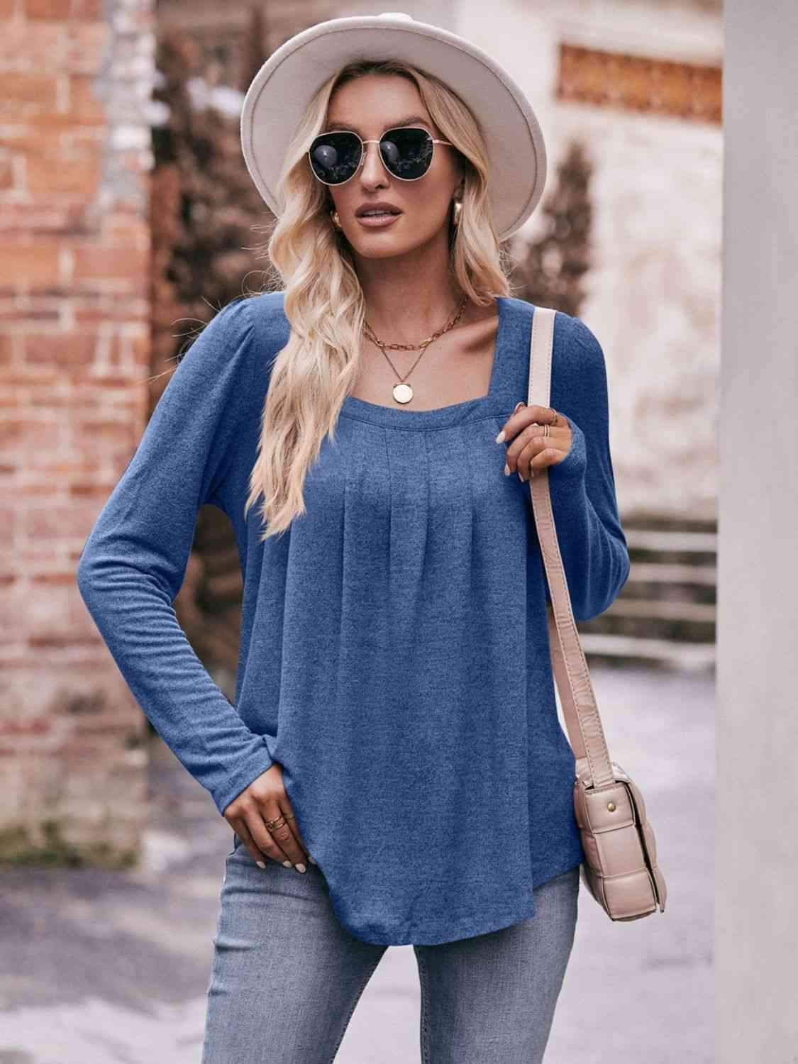 Double Take Pleated Detail Curved Hem Long Sleeve Top Cobalt Blue Blouses - Tophatter Daily Deals