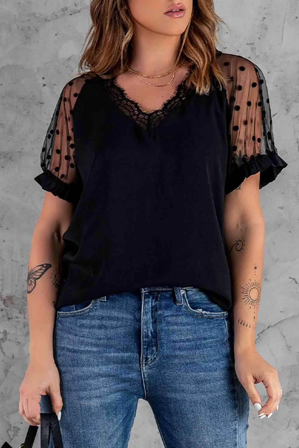 Polka Dot Lace Trim Spliced Mesh Blouse Black Blouses - Tophatter Daily Deals