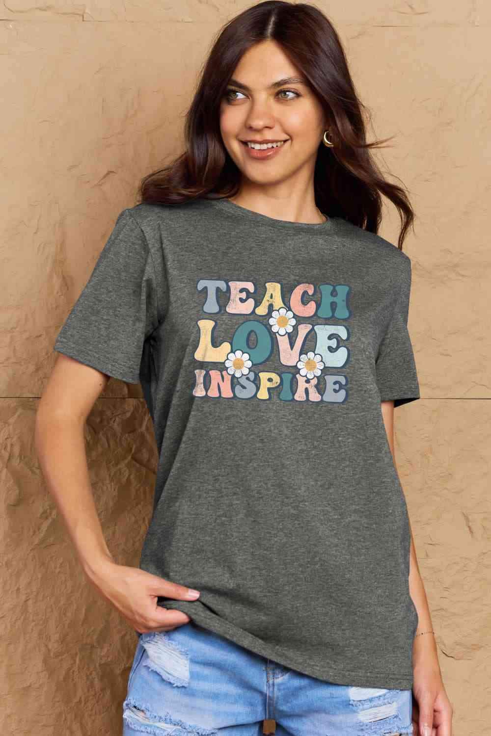 Simply Love Full Size TEACH LOVE INSPIRE Graphic Cotton T-Shirt Charcoal Women's T-Shirts - Tophatter Daily Deals