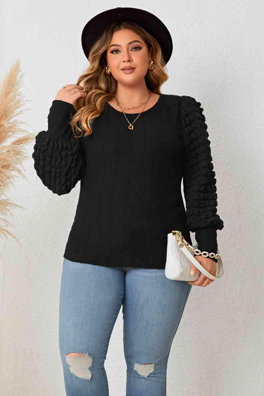 Plus Size Round Neck Lantern Sleeve Blouse Women's T-Shirts - Tophatter Daily Deals