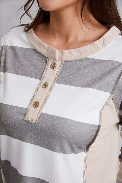 Striped Exposed Seam Buttoned T-Shirt Women's T-Shirts - Tophatter Daily Deals