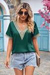 Contrast Trim Short Sleeve Plunge Blouse Teal Blouses - Tophatter Daily Deals