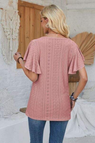 Eyelet Applique V-Neck Cap Sleeve T-Shirt Women's T-Shirts - Tophatter Daily Deals