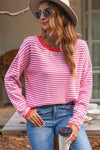 Striped Round Neck Drop Shoulder T-Shirt Blouses - Tophatter Daily Deals