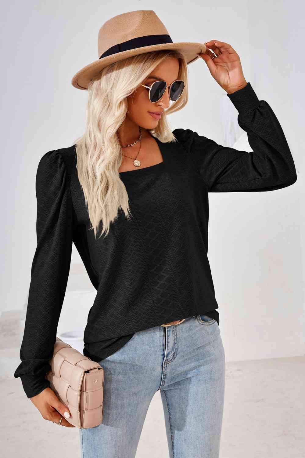 Square Neck Puff Sleeve Blouse Blouses - Tophatter Daily Deals