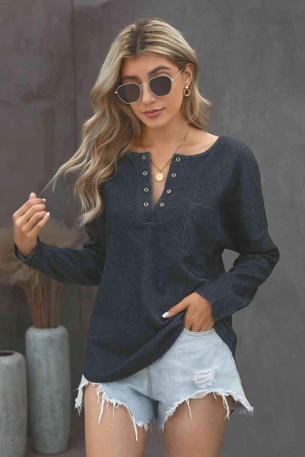 Grommet Long Sleeve V-Neck Top Blouses - Tophatter Daily Deals