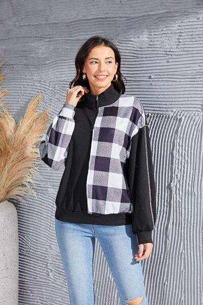 Plaid Exposed Seam Long Sleeve Blouse Blouses - Tophatter Daily Deals