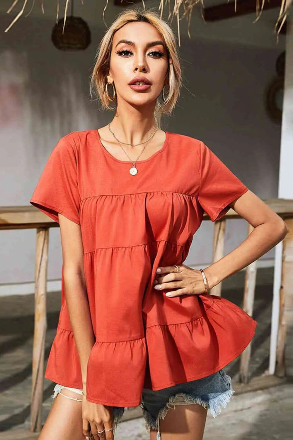 Round Neck Short Sleeve Tiered Blouse Red Orange Blouses - Tophatter Daily Deals