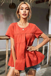 Round Neck Short Sleeve Tiered Blouse Red Orange Blouses - Tophatter Daily Deals
