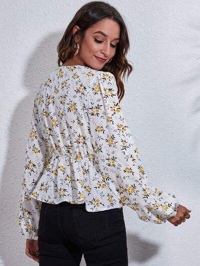 Floral V-Neck Balloon Sleeve Peplum Blouse Blouses - Tophatter Daily Deals