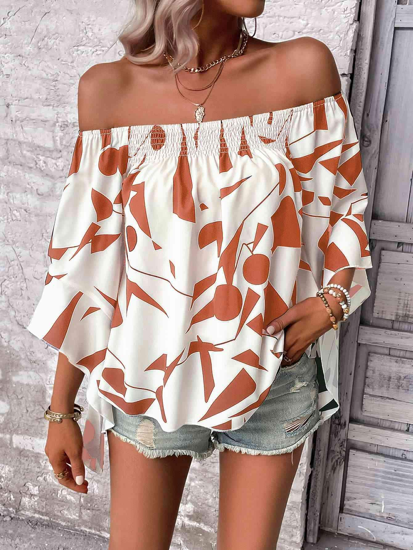 Printed Off-Shoulder Bell Sleeve Blouse Blouses - Tophatter Daily Deals