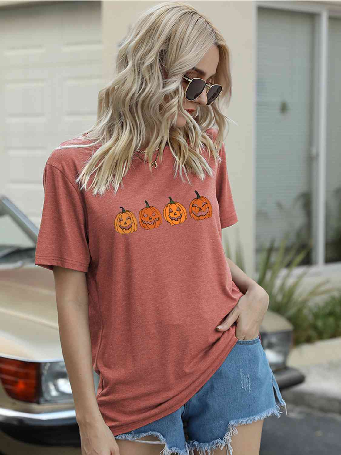 Full Size Round Neck Short Sleeve Jack-O'-Lantern Graphic T-Shirt Burnt Coral Women's T-Shirts - Tophatter Daily Deals