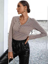 Striped Buttoned V-Neck Long Sleeve Top Wine Blouses - Tophatter Daily Deals