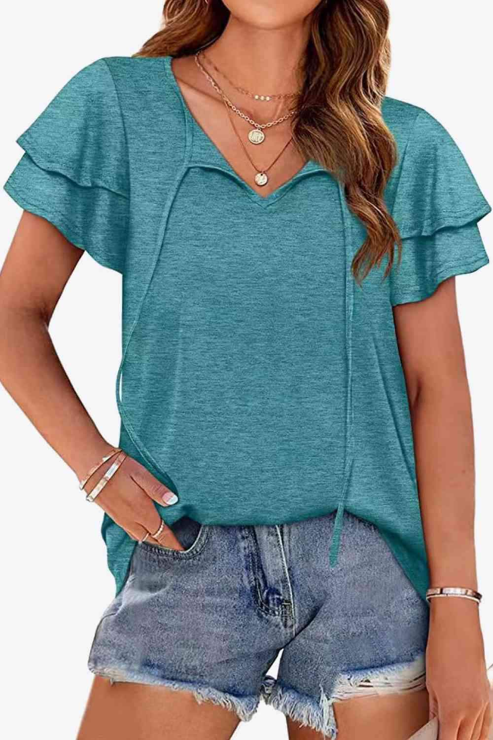 Tie-Neck Layered Flutter Sleeve Blouse Air Force Blue Blouses - Tophatter Daily Deals