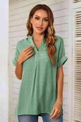 Notched Neck Slit Cuffed Blouse Blouses - Tophatter Daily Deals