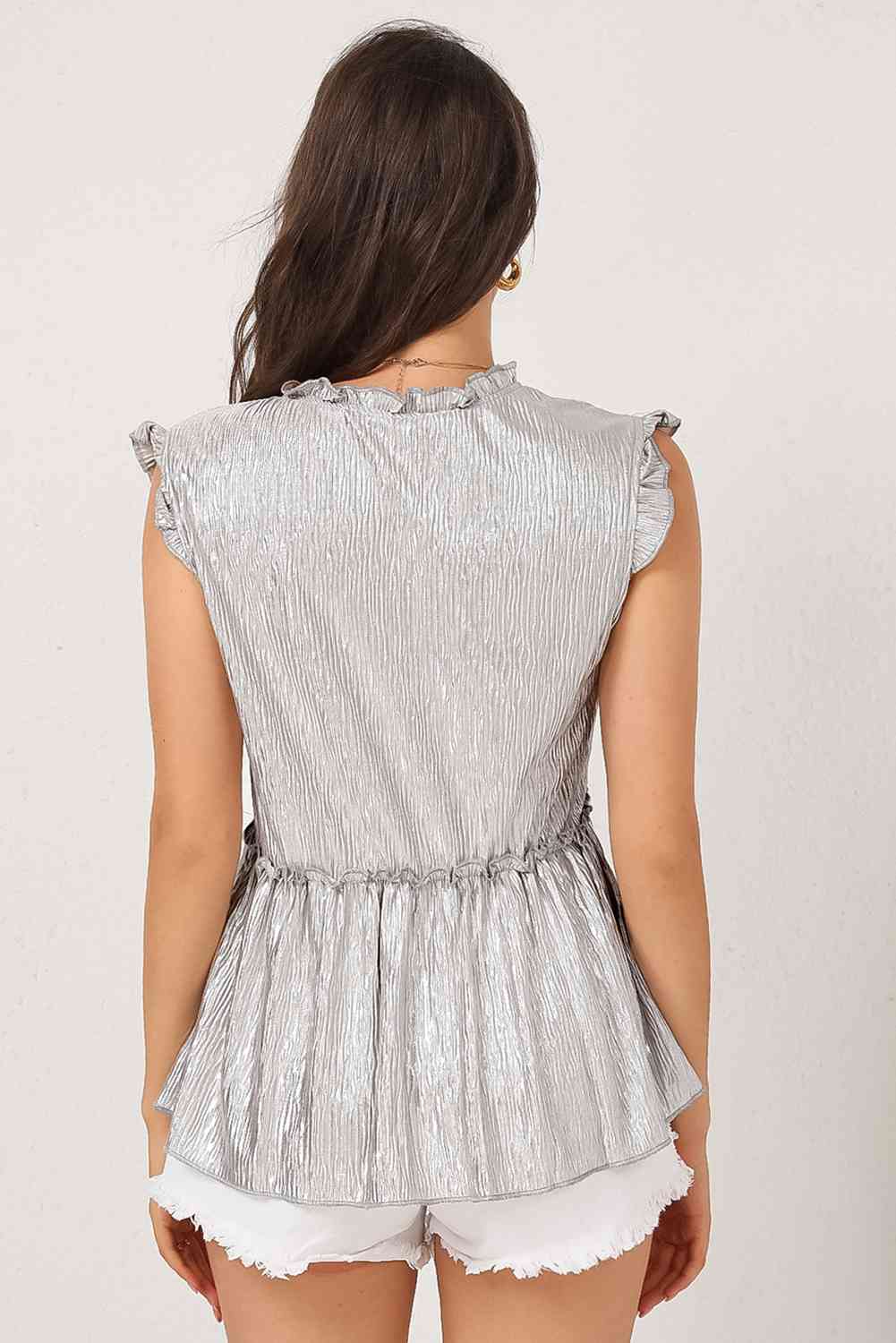 Frill Trim V-Neck Metallic Blouse - Tophatter Deals