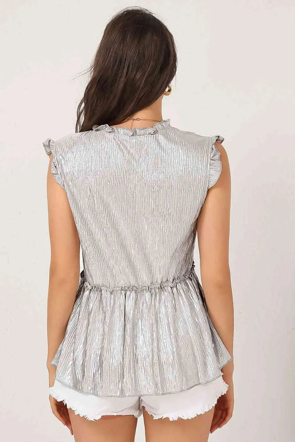 Frill Trim V-Neck Metallic Blouse Blouses - Tophatter Daily Deals