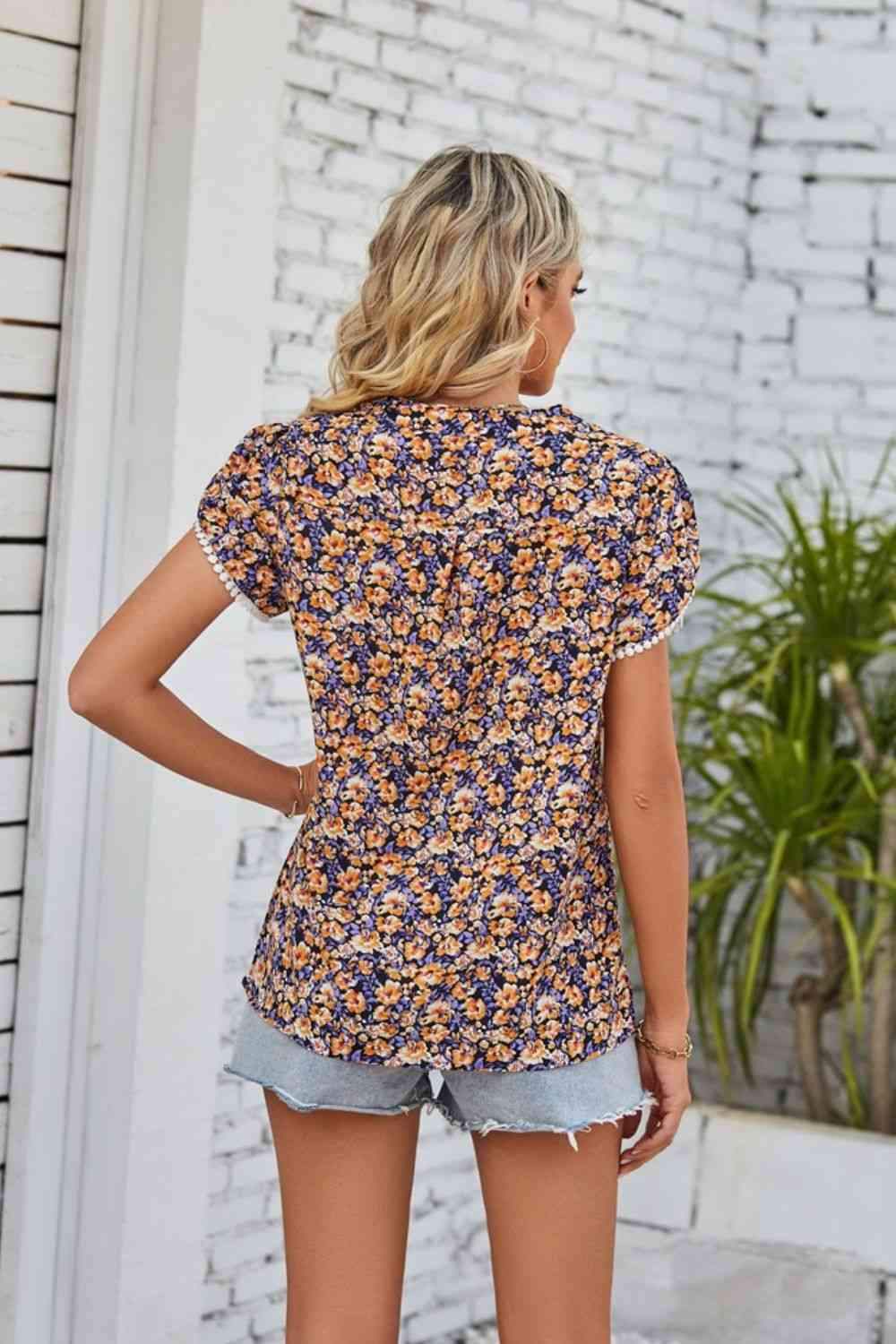 Floral Notched Neck Blouse Blouses - Tophatter Daily Deals