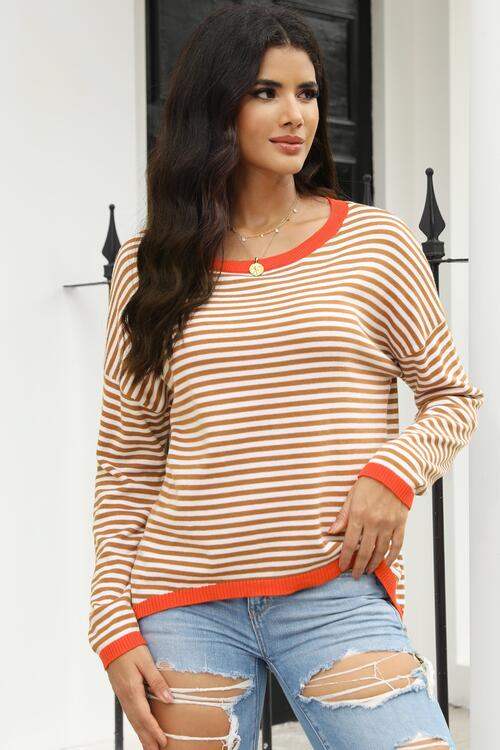 Striped Round Neck Drop Shoulder T-Shirt Blouses - Tophatter Daily Deals