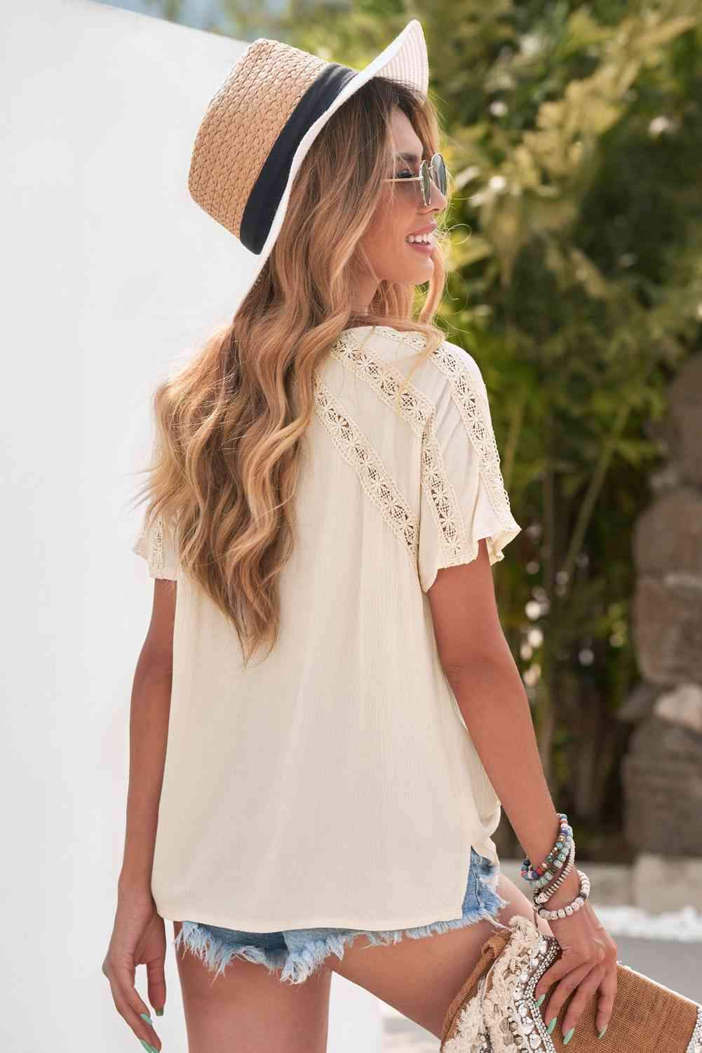 Crochet Eyelet Buttoned Short Sleeves Top Blouses - Tophatter Daily Deals