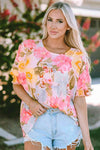 Floral Round Neck Three-Quarter Sleeve Top Dusty Pink Blouses - Tophatter Daily Deals