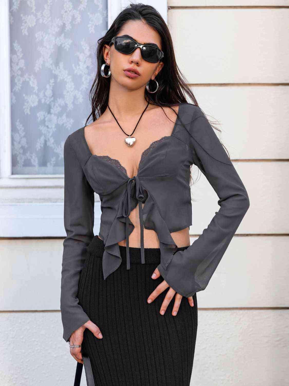 Tie Front Sweetheart Neck Blouses Blouses - Tophatter Daily Deals