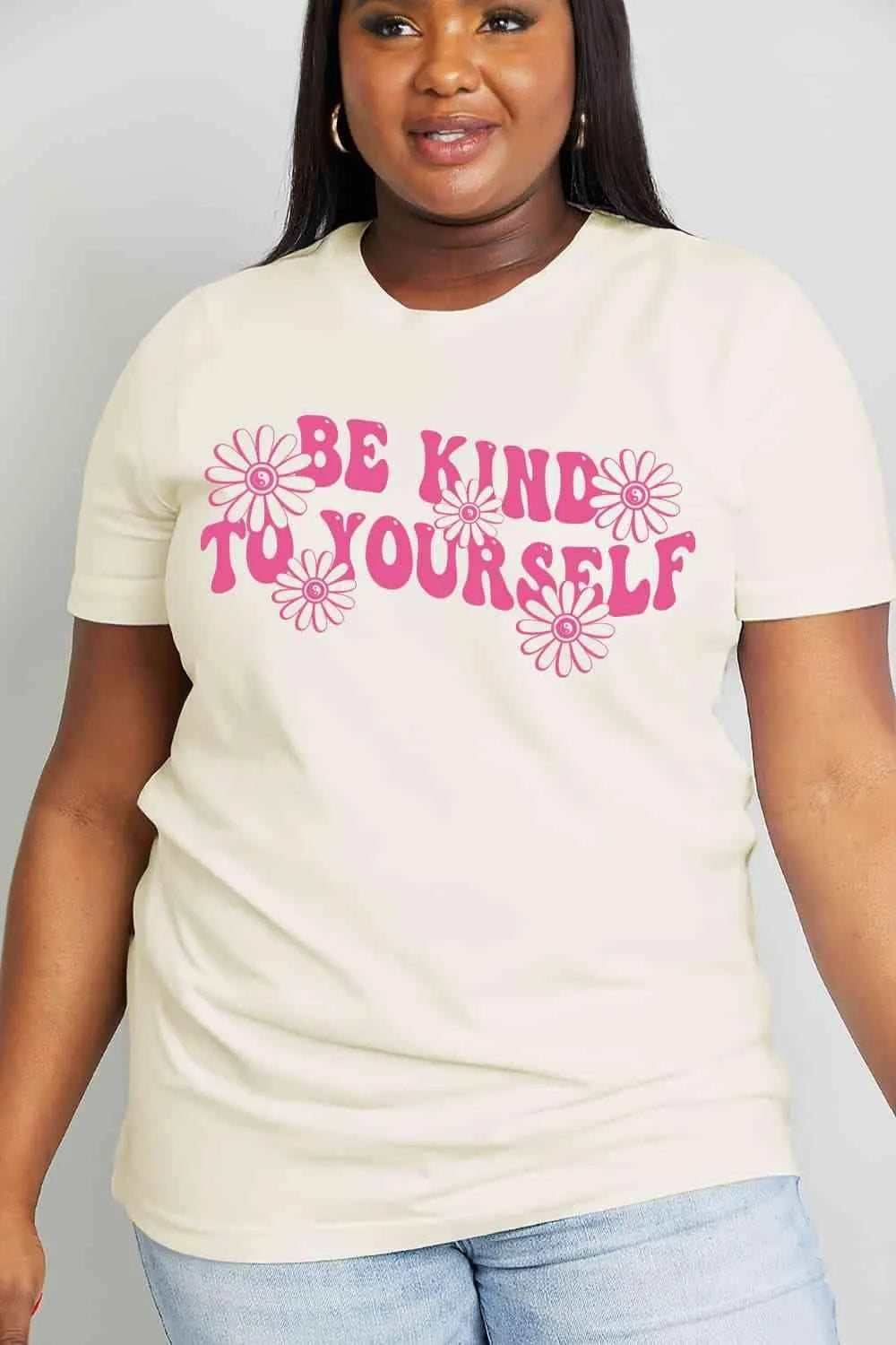 Simply Love Full Size BE KIND TO YOURSELF Flower Graphic Cotton Tee Women's T-Shirts - Tophatter Daily Deals