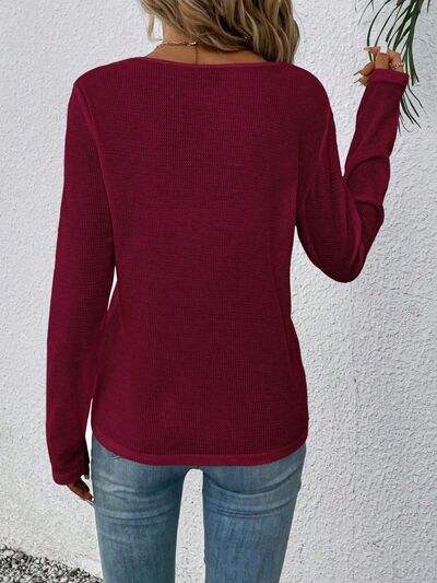 Waffle-Knit Lace Detail V-Neck Long Sleeve T-Shirt Women's T-Shirts - Tophatter Daily Deals