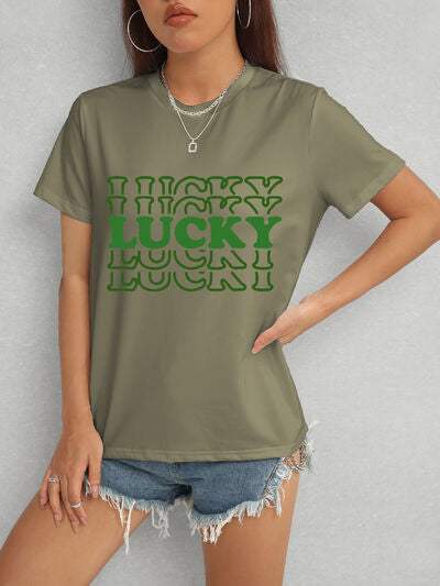 LUCKY Round Neck Short Sleeve T-Shirt Sage Women's T-Shirts - Tophatter Daily Deals