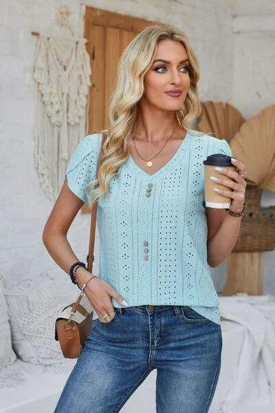 Decorative Button Eyelet V-Neck Short Sleeve T-Shirt Women's T-Shirts - Tophatter Daily Deals