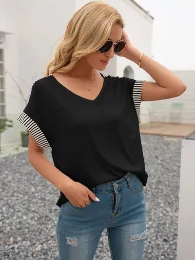 Striped V-Neck Short Sleeve T-Shirt Women's T-Shirts - Tophatter Daily Deals
