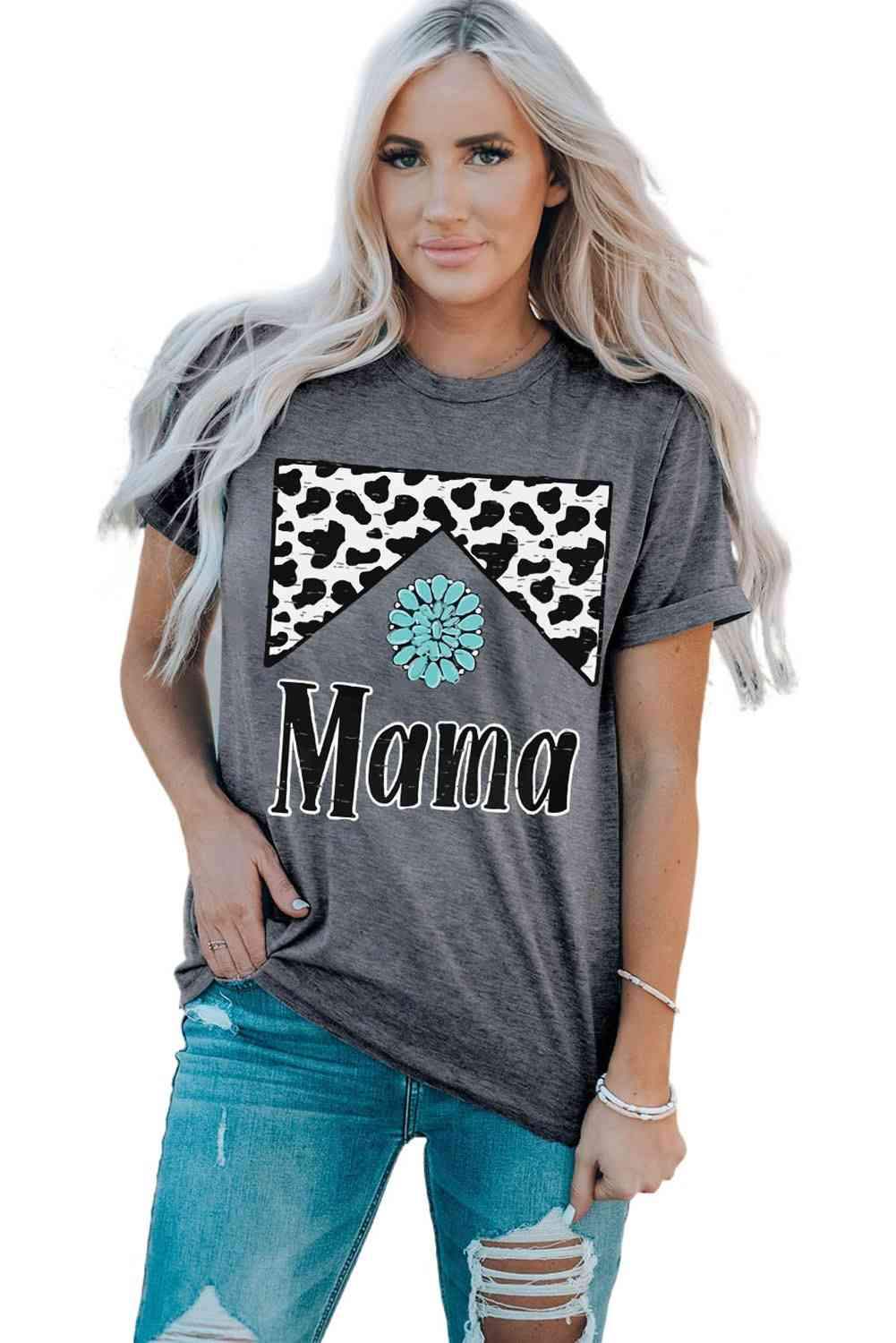 MAMA Graphic Cuffed Sleeve Round Neck Tee Women's T-Shirts - Tophatter Daily Deals