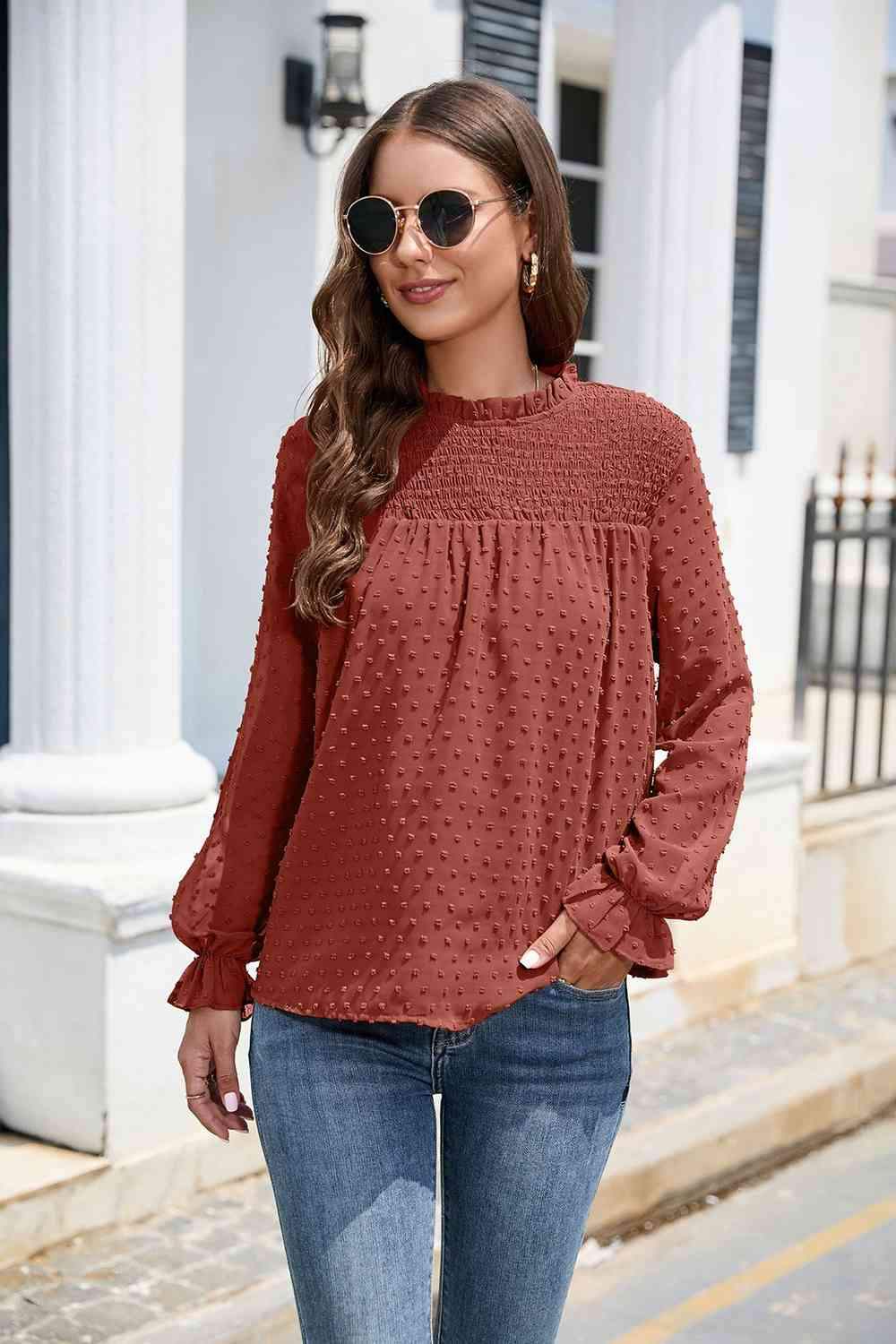 Smocked Mock Neck Swiss Dot Top Ochre Blouses - Tophatter Daily Deals